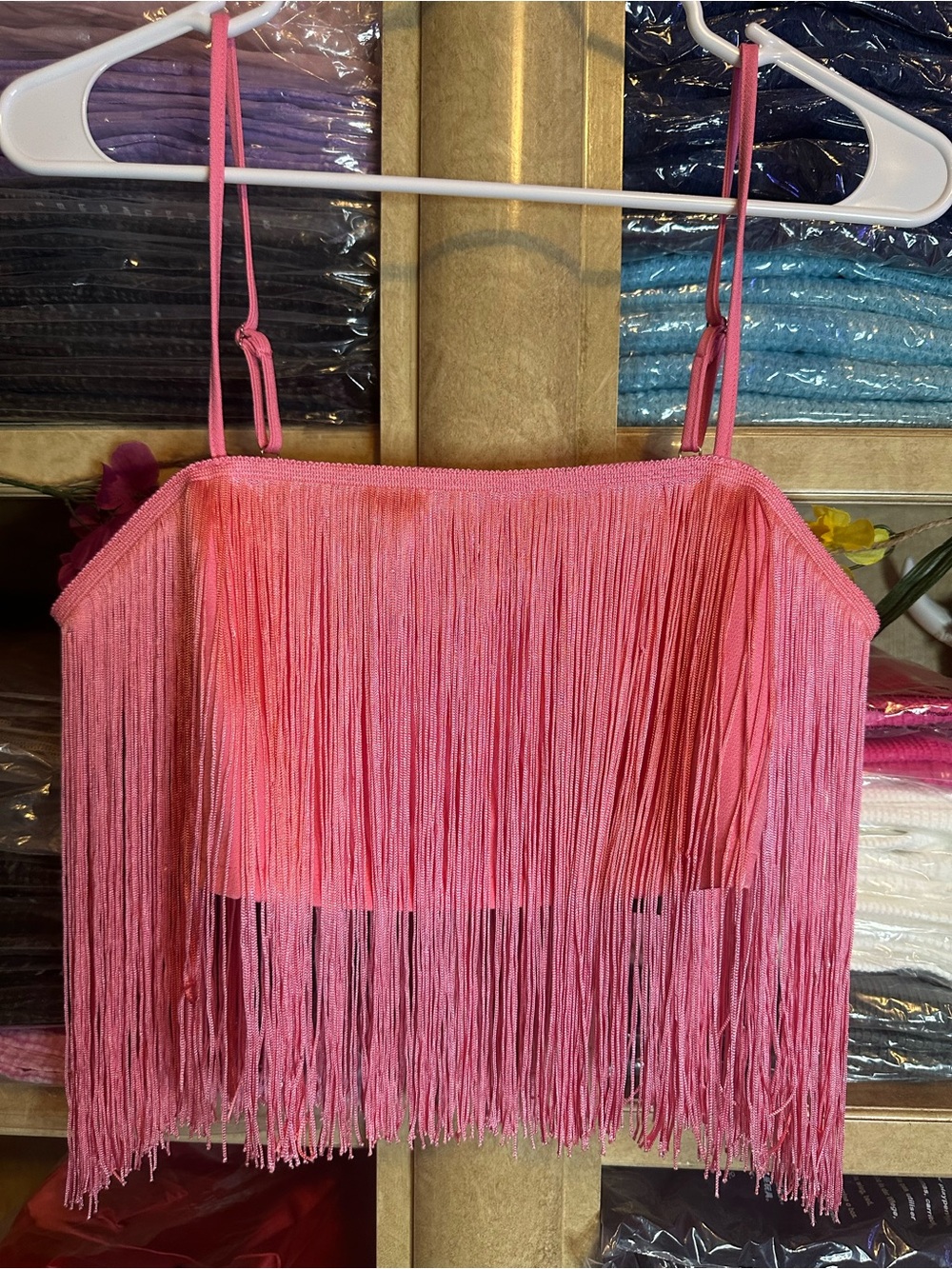 Main Strip Hot Pink Fringe Crop Tank